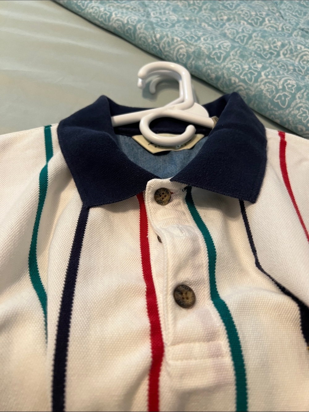 Vintage Eddie Bauer White Polo with Navy Collar and Red, Teal, and Black Stripes